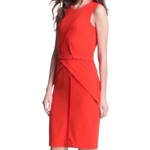 BCBGMaxAzria Ida Sleeveless Round Neck Asymmetrical Peplum Dress Bright Poppy 4P